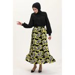sefamerve Viskon Kumaş Beli Lastikli Fırfırlı Etek 2012P-01 Siyah Yağ Yeşili