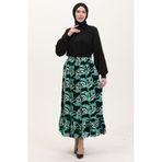sefamerve Viskon Kumaş Beli Lastikli Fırfırlı Etek 2012P-02 Siyah Yeşil