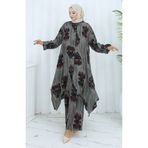 sefamerve Viskon Kumaş Tunik Pantolon İkili Takım 2143-03 Kahverengi Yeşil