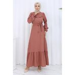 sefamerve Yakası Fırfırlı Kuşaklı Elbise 2123-02 Gül Kurusu