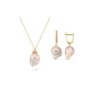 Şeftali Rengi Barok İnci Kolye Küpe İkili Set (Rose)