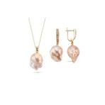 Şeftali Rengi Barok İnci Kolye Küpe İkili Set (Rose)