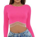 Segreto Kadın suni elmas püsküllü uzun kollu tişört Y2K elmas püsküllü yuvarlak yaka Crop Top üst parça tunik bluz rahat sokak giyimi, pembe, kırmızı, XXL
