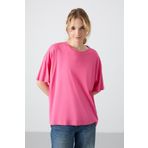 Şeker Pembe Penye Modal Yumuşak Tuşeli Oversize Fit Basic Kadın T-Shirt- 97285