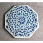 Sekizgen Mermer Yemek Masası Üstü Mavi Yarı Değerli Taş Kakma İşi 80 x 80 cm El İşi Mermer Bahçe Orta Masa