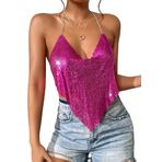 Seksi metalik zincir üst kadınlar için - payet yular derin V boyun Backless kırpma tankı gece kulübü parti Rave kıyafetler için, Gül, XS