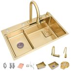 Şelale Musluklu Altın Paslanmaz Çelik Mutfak Lavabosu - Tek Hazneli Drop-in Çalışma İstasyonu Lavabo Kombosu ve Aksesuarları, Altın-80x45cm,Gold-80x45cm