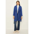 Select Moda Kadın Düğme Kapamalı Astarlı Kuşaklı Kaşe Kaban - 36 - Mavi