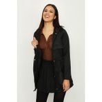 Select Moda Kadın Kapüşonlu Parlak Kumaş Parka %100 Polyester Midi Uzun Kol Düz Desen - Siyah - XL