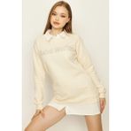 Select Moda Kadın Krem Gömlek Yaka Yazı Detaylı Sweat Elbise