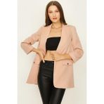 Select Moda Kadın Kruvaze Yaka Gold Düğme Detaylı Blazer Ceket - 44 - Pembe