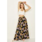 Select Moda Kadın Siyah Çiçek Desenli Kuşaklı Volanlı Uzun Etek