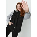 Select Moda Kadın Siyah Kapüşonlu Kolları Penye Oversize Denim Ceket