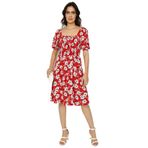 SelectModa Kadın Çiçekli Kare Yaka Balon Kollu Elbise Kırmızı 44