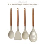Selenica Silikon Bambu Saplı 4 Parça Mutfak Servis Seti Kaşık, Spatula, Kepçe, Kevgir