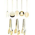 Selenica Yüksek Kalite Gold 8 Parça Servis Sunum Seti. Makarna, Pasta, Salata Altın Maşa Seti ve Kepçe Takımı