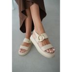 selin shoes Nency İnce Topuklu Gold Toka Detaylı Lastikli Kadın Sandalet- BEJ