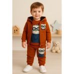 Selvira %100 Pamuklu 3’lü Bebek Takım | Nakışlı Sweat, Pantolon ve Kapüşonlu Yelek - 18 Ay - Turuncu - Lacivert