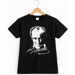 Selvira Atatürk Baskılı & Türk Bayrağı Desenli Çocuk Tişört – %100 Pamuk, Unisex Kız & Erkek - Siyah - 9 Yaş