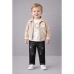 Selvira Erkek Çocuk 3’lü Kombin Set – Suni Deri Ceket, Baskılı Uzun Kollu Tişört ve Siyah Kot Pantolon - 4 Yaş - Krem