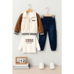Selvira Erkek Çocuk Bomber Ceket - T-Shirt ve Jean Pantolon 3'lü Takım - Kahve Beyaz Kahve - 2 Yaş