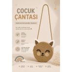 Selvira Kız Çocuk Hasır Kedi Çanta Yuvarlak Omuz Çantası Sevimli Kulaklı Çocuk Çantası Mini Hasır Çapraz Çanta - Kahverengi