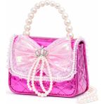 Selvira Kız Çocuk Inci Askılı Prenses Çanta – Taç Detaylı, Fiyonklu, Parlak Mini Omuz & El Çantası - 14 cm x 16 cm - Pembe