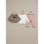 Selvira Kız Çocuk Leopar Desenli Peluş Pelerinli Pembe Pantolonlu ve T-Shirt 3'lü Takım - 18 - 24 Ay - Kahverengi - Pembe