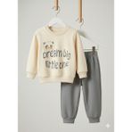 Selvira Panda Baskılı Unisex 3 Iplik Şardonlu Çocuk Eşofman Takımı – Uzun Kollu Sweatshirt & Lastikli Alt, Pamuklu - 2 Yaş - Gri - Krem