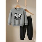 Selvira Panda Baskılı Unisex 3 Iplik Şardonlu Çocuk Eşofman Takımı – Uzun Kollu Sweatshirt & Lastikli Alt, Pamuklu - 3 Yaş - Siyah - Gri - Beyaz