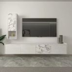 Sema T007 Duvara Monte Modern Tv Ünitesi - Kapaklı Raflı Tasarım Ahşap Beyaz/Mermer