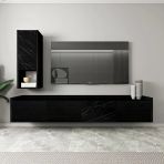 Sema T007 Duvara Monte Modern Tv Ünitesi - Kapaklı Raflı Tasarım Ahşap Siyah/Mermer