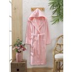 SEMECCA TEXTILE Pamuklu Kadife Kapüşonlu Unisex Mürdüm Bornoz S-M Pudra