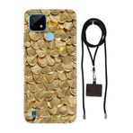 Senada Realme C21 ile Uyumlu Kılıf Gold Yaprak Desenli Silikon İpli Boyun Askı Aparatı