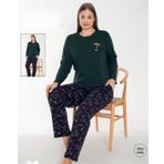 Senfoni Kadın Büyük Beden Düğmeli Yaka Uzun Kol Pamuk Likralı Pijama Takımı 6096 -1 Adet Haki-3XL