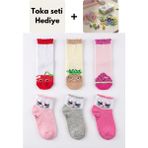 Senihan 6'lı Kız Çocuk Pamuklu Meyve ve Kedi Desenli Çorap Seti + Hediye Toka Seti - 3-4 Yaş - Mix