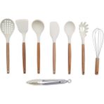 Senin Dükkanın Beyaz Çizmez Silikon Bambu Spatula, Kevgir, Kepçe, Makarna Ve Salata Kaşığı, Maşa 8'Li Set