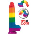 Sens Erotik Shop Gökkuşağı Pride Renkli Gerçekçi Yapay Penis, Sabit/Kemerli Kullanım İçin Güçlü Vantuzlu, Eğilebilir ve Bükülebilir, Çift Katmanlı; İçi Sert, Dışı Ultra Yumuşak Realistik Dildo 23x4 CM