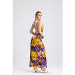 Sense Çiçek Desenli Halter Yaka Astarlı Uzun Elbise | Elb35751 Sarı Mor Menekşe Desen