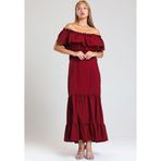 Sense Elb34315 A.Bordo Degaje Yaka Yakası Lastikli Dokuma Viskon Uzun Elbise