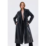 Sense Kadın Suni Deri Trençkot Ceket Yaka Oversize Tasarım 125 cm Siyah Renk - 40