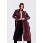Sense Kadın Suni Deri Trençkot Pardüsü Astarlı Beli Kuşaklı Ceket Yaka Sokak Stili - Bordo - 44