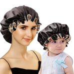 Sent Hair Mommy and Me Bonnet Seti Saten Kaput Uyku Başlığı Ayarlanabilir Saç Kaputu Kadınlar ve Bebekler, Çocuklar için Kıvırcık Saç Kepi Çift Katmanlı (Siyah/Şampanya)