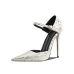 Sentetik dantel burun stiletto tokalı kadın ayakkabısı, süper yüksek topuklu parti el yapımı pompalar kadınlar için büyük beden Zh1086s, Gümüş., 44 EU