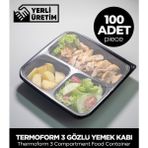 Sepet Doldur Termoform 3 Gözlü Yemek Kabı + Kapak - 100 Adet (Mikro Dalga'da Kullanılabilir)