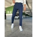 Ser Joven Erkek Lacivert Slim Fit Dar Kesim Likralı Yan Cep Bilek Boy Düz Kumaş Pantolon - 32