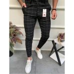 Ser Joven Erkek Siyah Slim Fit Ekoseli Likralı Yan Cep Bilek Boy Kumaş Pantolon - 34