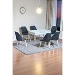 Sera Beyaz 80 x 132 Açılabilen MDF Masa Beyaz Metal Ayaklı Mutfak Masası 6 Füme Kot Desen Sandalye