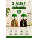 Seram Collection Bearista 2'li 600 ML Plastik Ayıcık Figürlü Pipetli Soğuk İçecek ve Kokteyl Bardağı Kahve Bardağı Matara (2 ADET)