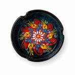 Seramik El Yapımı Küllük, Renkli Çiçek Desenli, Siyah, 10 cm Çap, 4 cm Yükseklik, 1 Adet